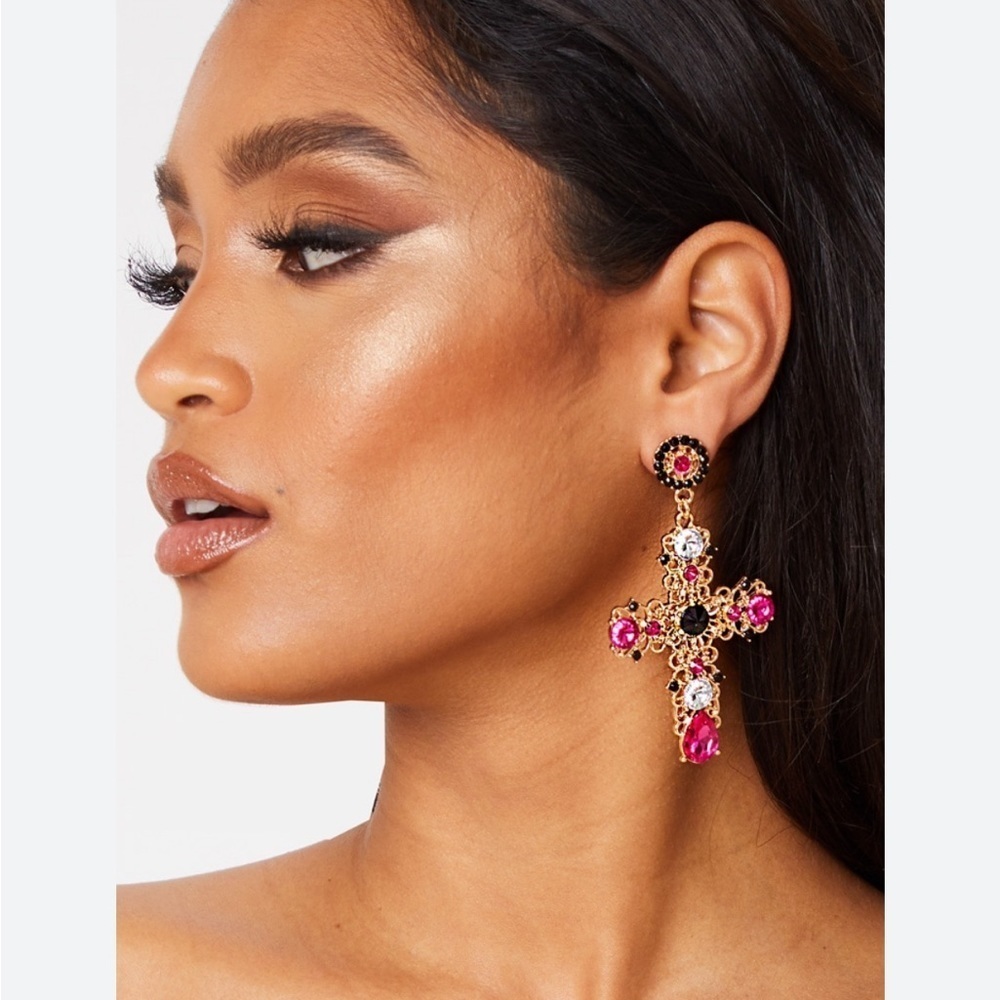 Pretty Little Thing Pink And Black Cross Earrings